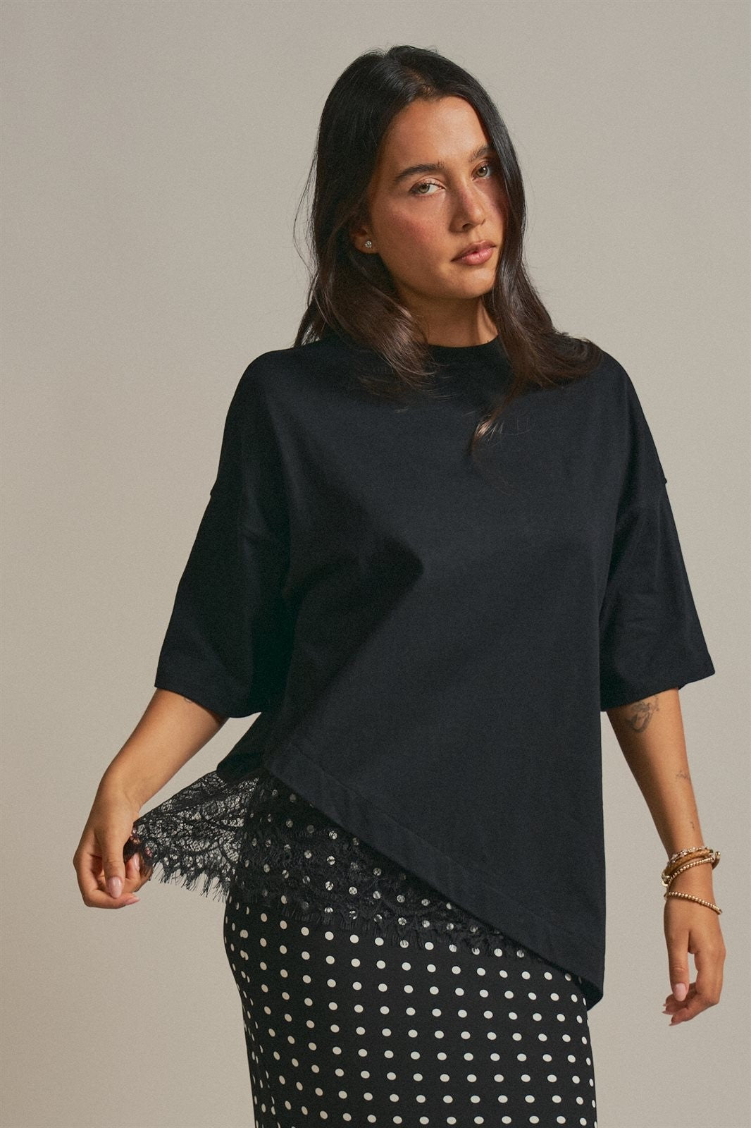 Oversized Cotton Tee with Asymmetric Lace Hem in Black - Women's Wholesale Fashion | Trend Notes