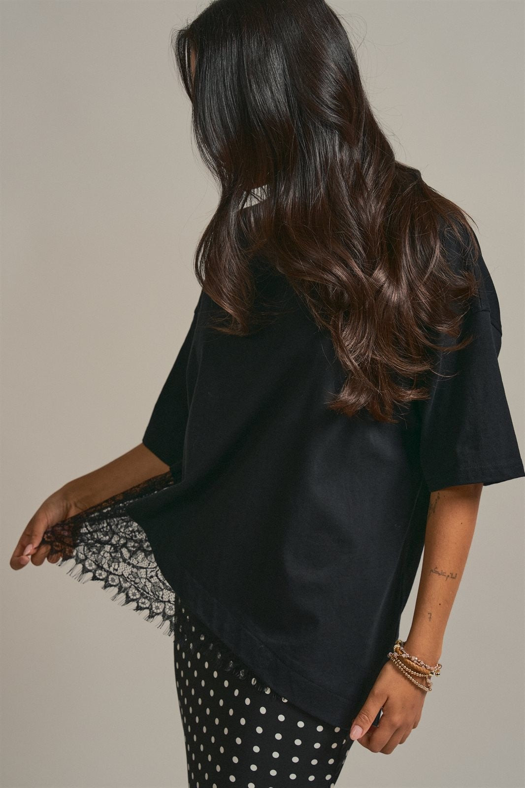 Oversized Cotton Tee with Asymmetric Lace Hem in Black - Women's Wholesale Fashion | Trend Notes