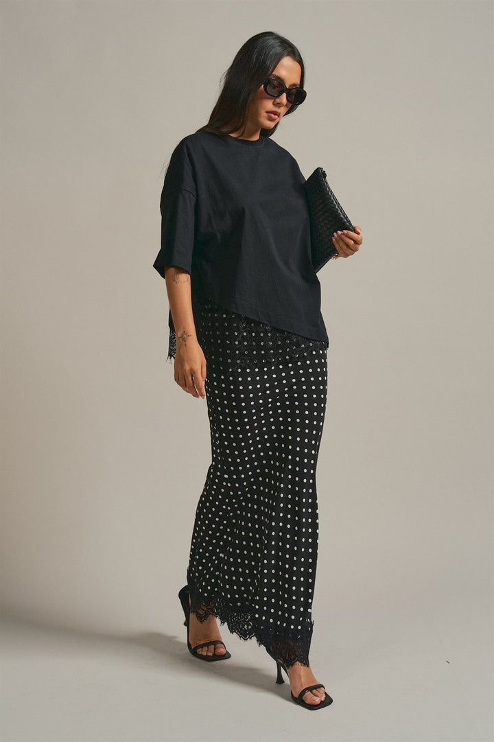Oversized Cotton Tee with Asymmetric Lace Hem in Black - Women's Wholesale Fashion | Trend Notes