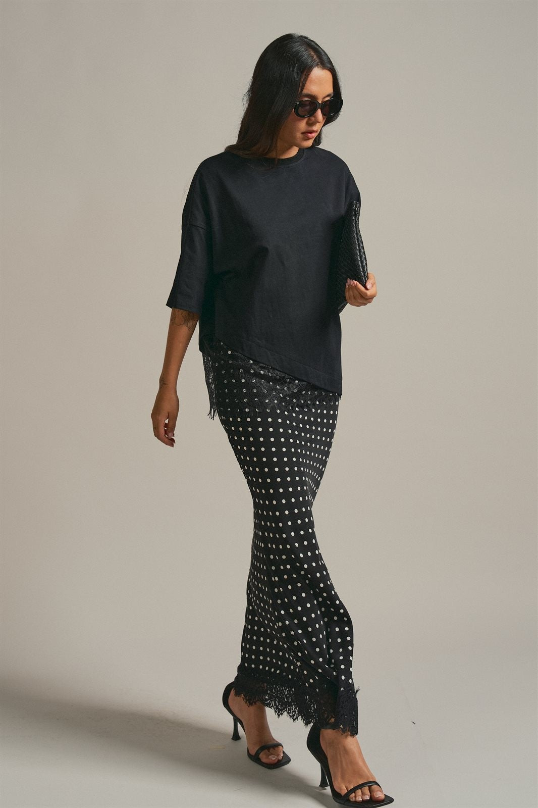 Oversized Cotton Tee with Asymmetric Lace Hem in Black - Women's Wholesale Fashion | Trend Notes
