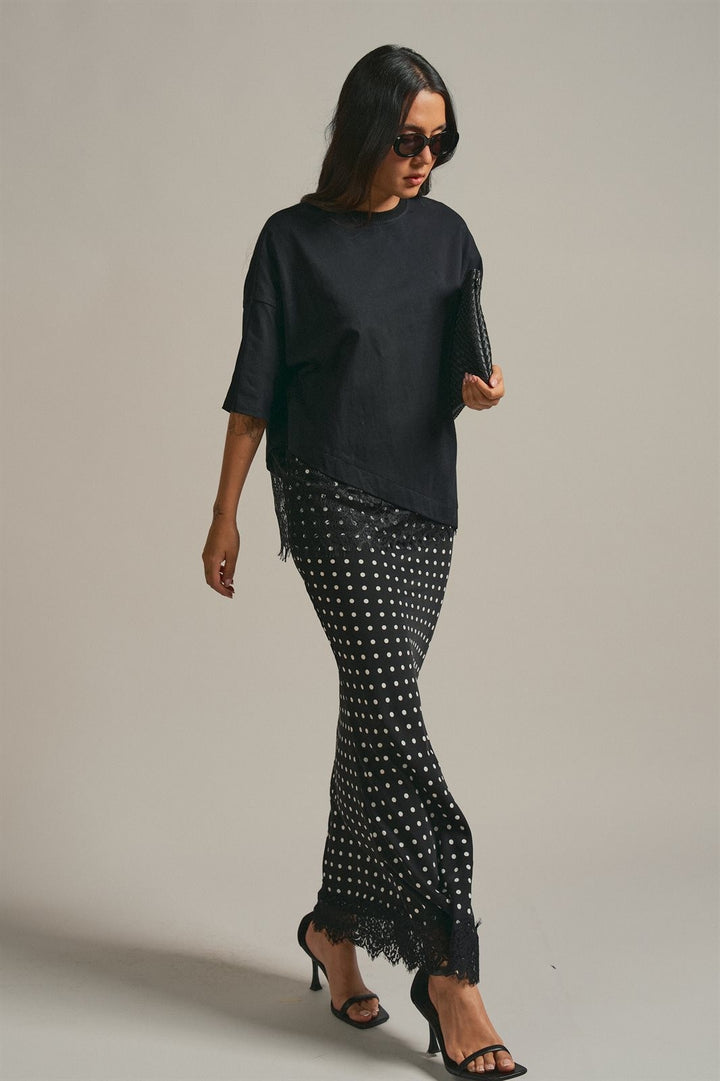 Oversized Cotton Tee with Asymmetric Lace Hem in Black - Women's Wholesale Fashion | Trend Notes