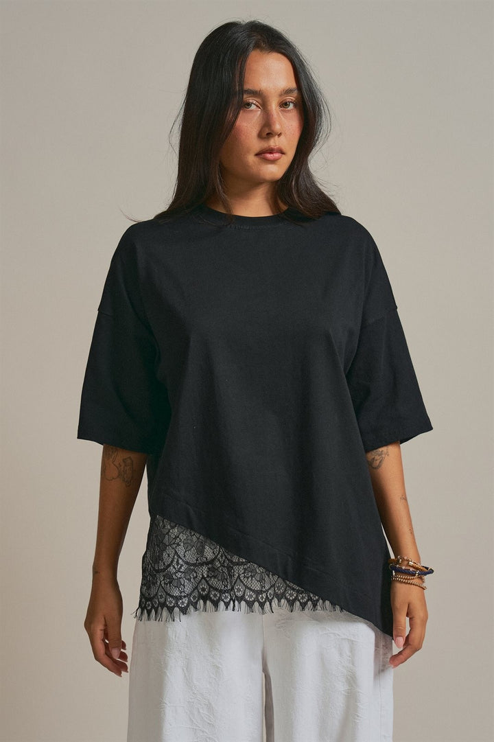 Oversized Cotton Tee with Asymmetric Lace Hem in Black - Women's Wholesale Fashion | Trend Notes