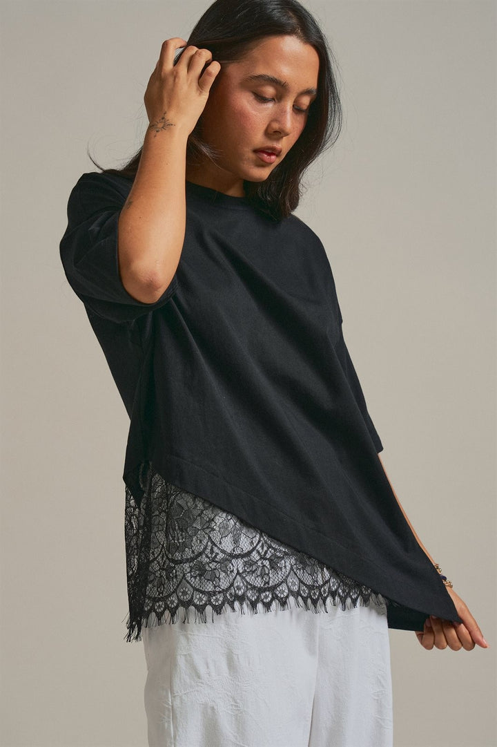 Oversized Cotton Tee with Asymmetric Lace Hem in Black - Women's Wholesale Fashion | Trend Notes