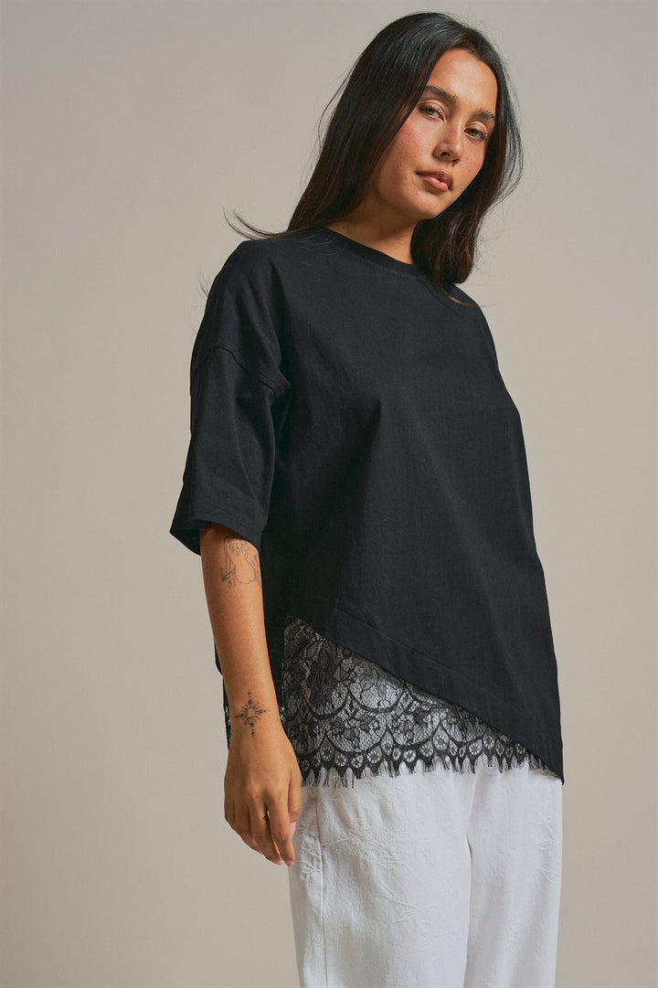 Oversized Cotton Tee with Asymmetric Lace Hem in Black - Women's Wholesale Fashion | Trend Notes