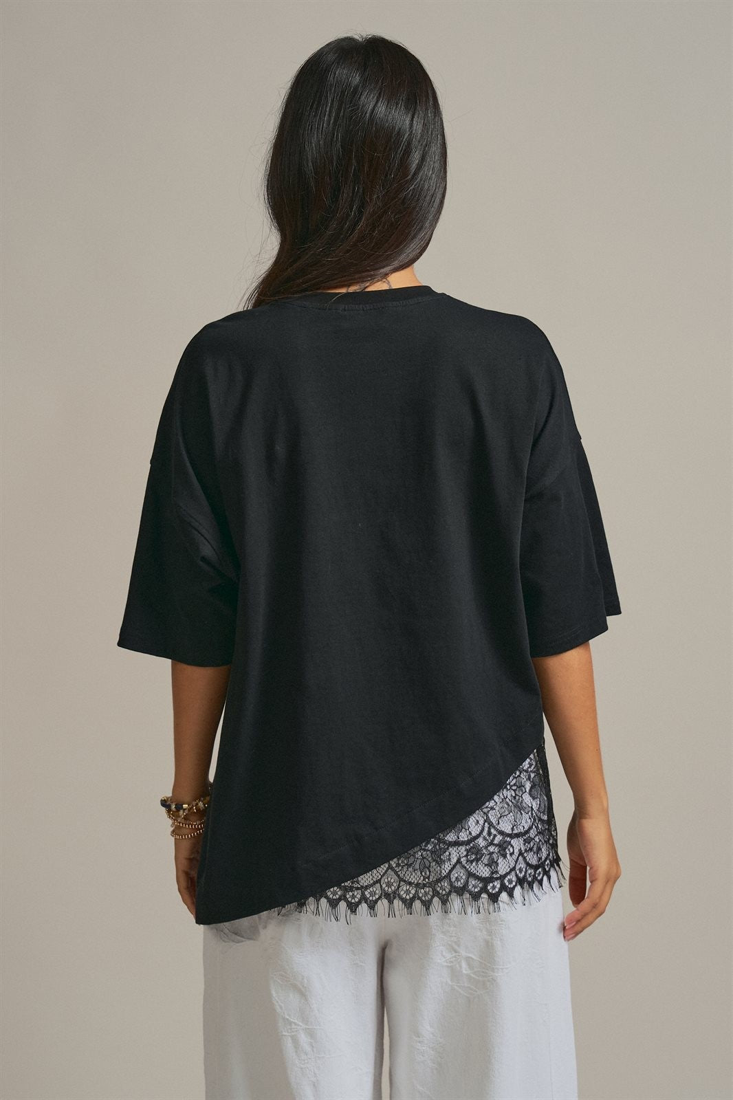 Oversized Cotton Tee with Asymmetric Lace Hem in Black - Women's Wholesale Fashion | Trend Notes