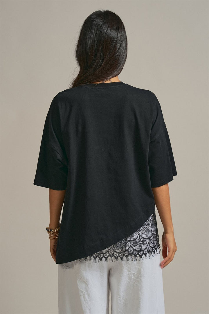 Oversized Cotton Tee with Asymmetric Lace Hem in Black - Women's Wholesale Fashion | Trend Notes