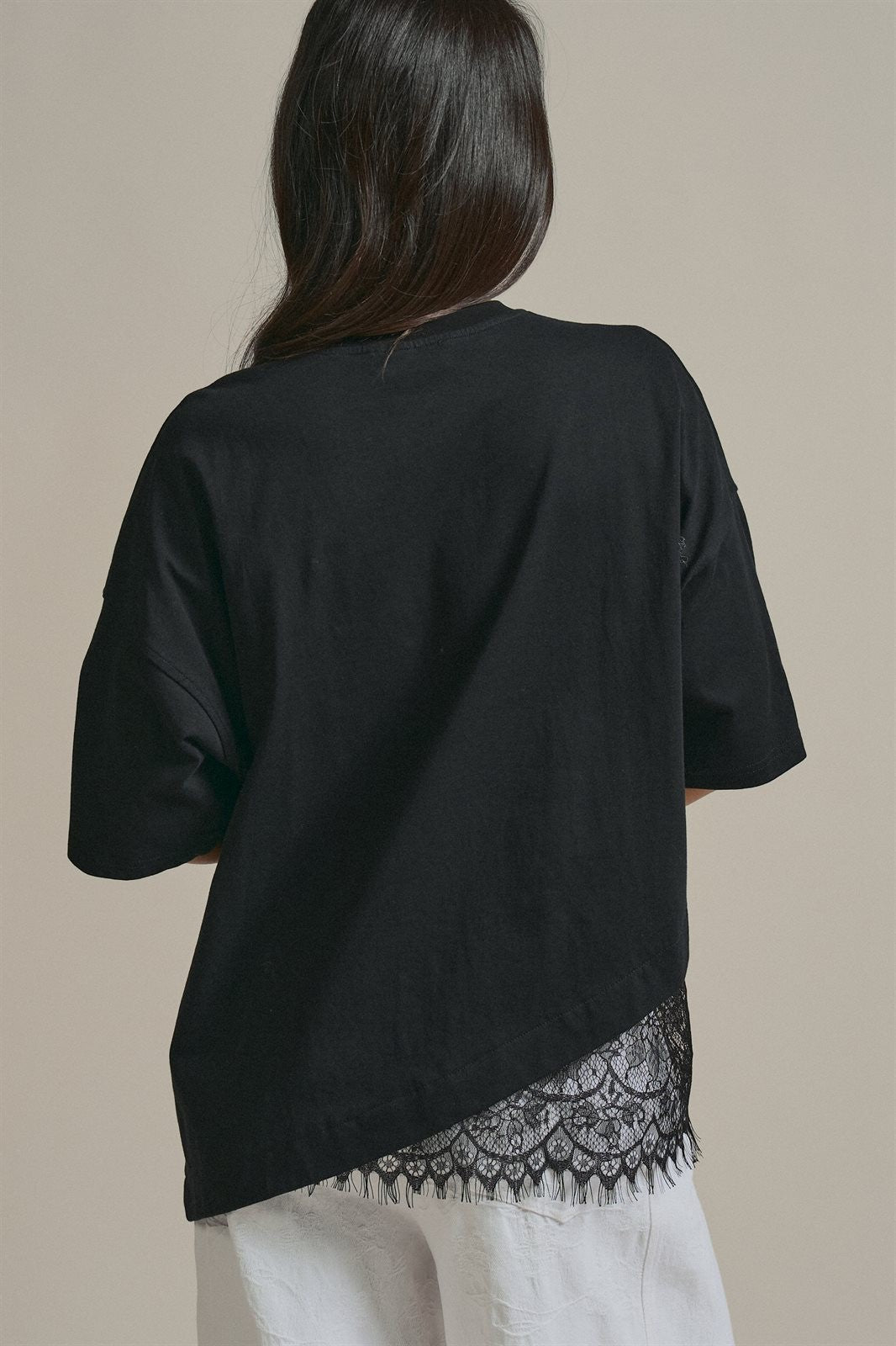 Oversized Cotton Tee with Asymmetric Lace Hem in Black - Women's Wholesale Fashion | Trend Notes
