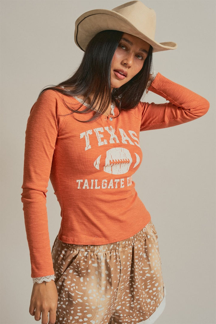 Texas Tailgate Henley Graphic Knit Top in Burnt Orange - Women's Wholesale TOPS | Trend Notes