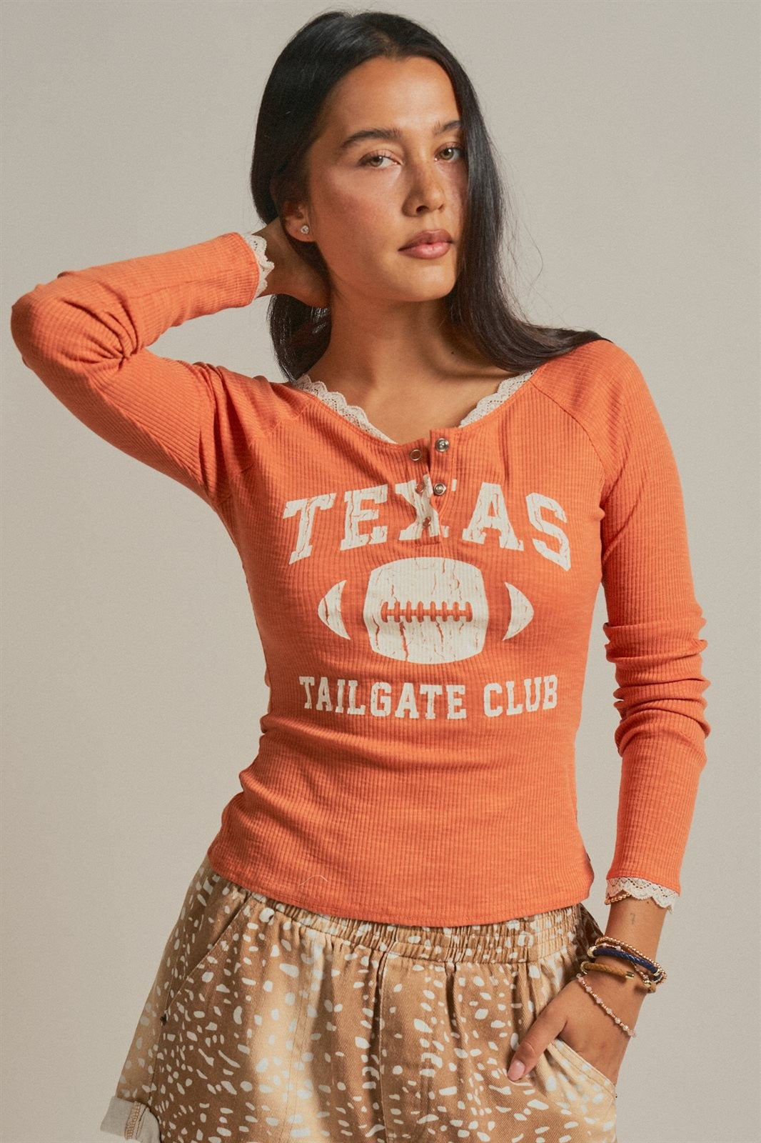 Texas Tailgate Henley Graphic Knit Top in Burnt Orange - Women's Wholesale TOPS | Trend Notes