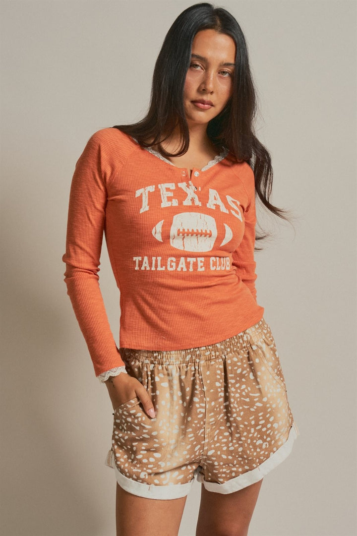 Texas Tailgate Henley Graphic Knit Top in Burnt Orange - Women's Wholesale TOPS | Trend Notes