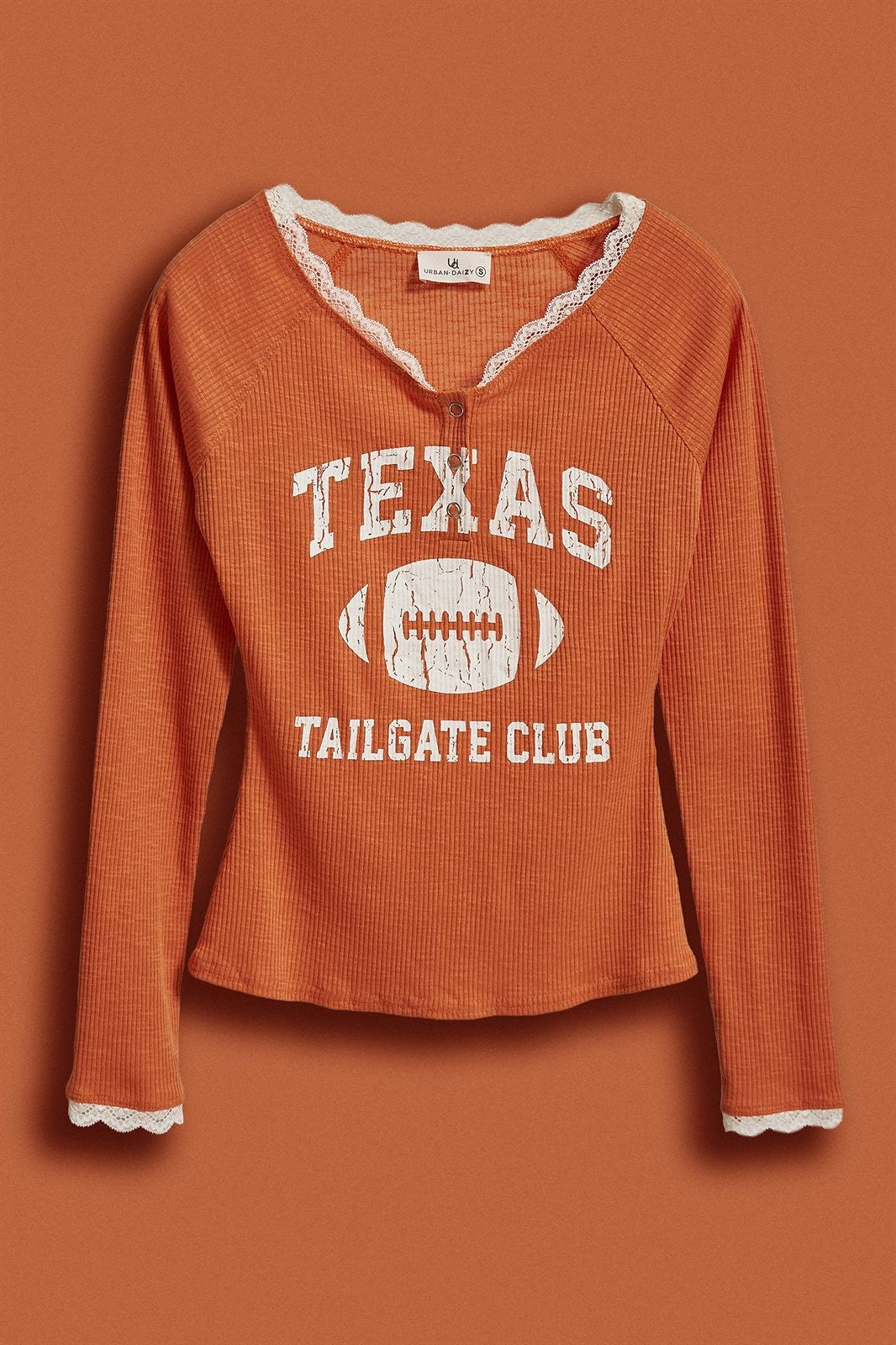 Texas Tailgate Henley Graphic Knit Top in Burnt Orange - Women's Wholesale TOPS | Trend Notes