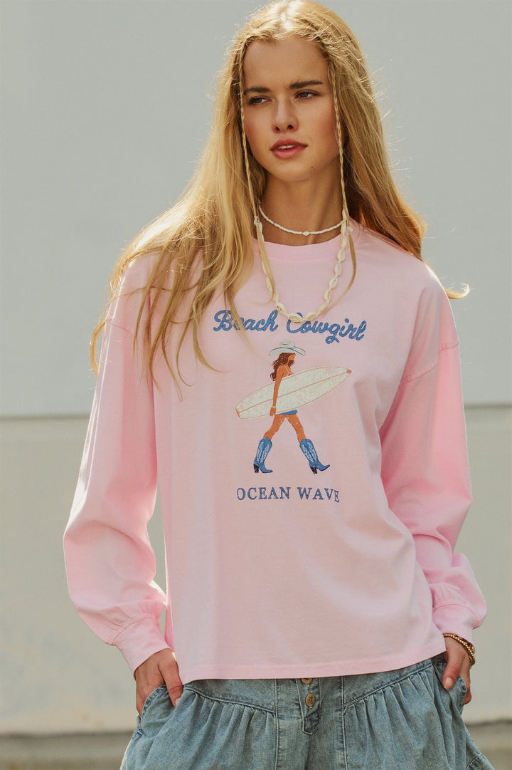 Beach Cowgirl Graphic Long Sleeve Sweatshirt in Lt Pink - Women's Wholesale Fashion | Trend Notes