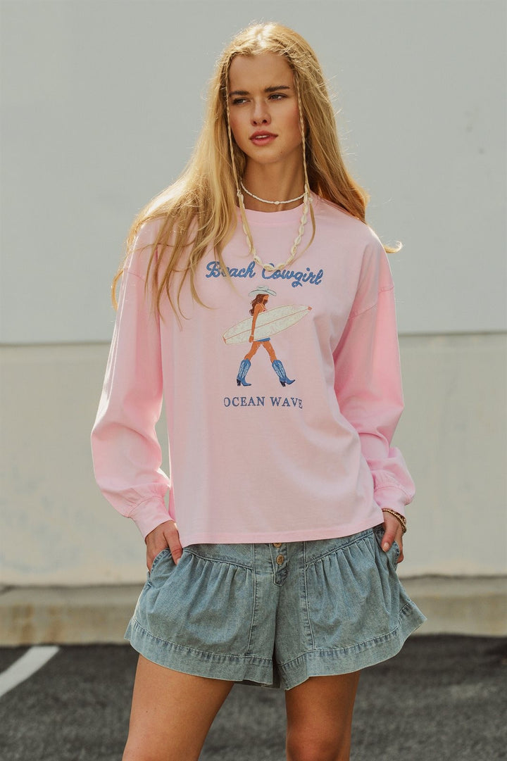 Beach Cowgirl Graphic Long Sleeve Sweatshirt in Lt Pink - Women's Wholesale Fashion | Trend Notes