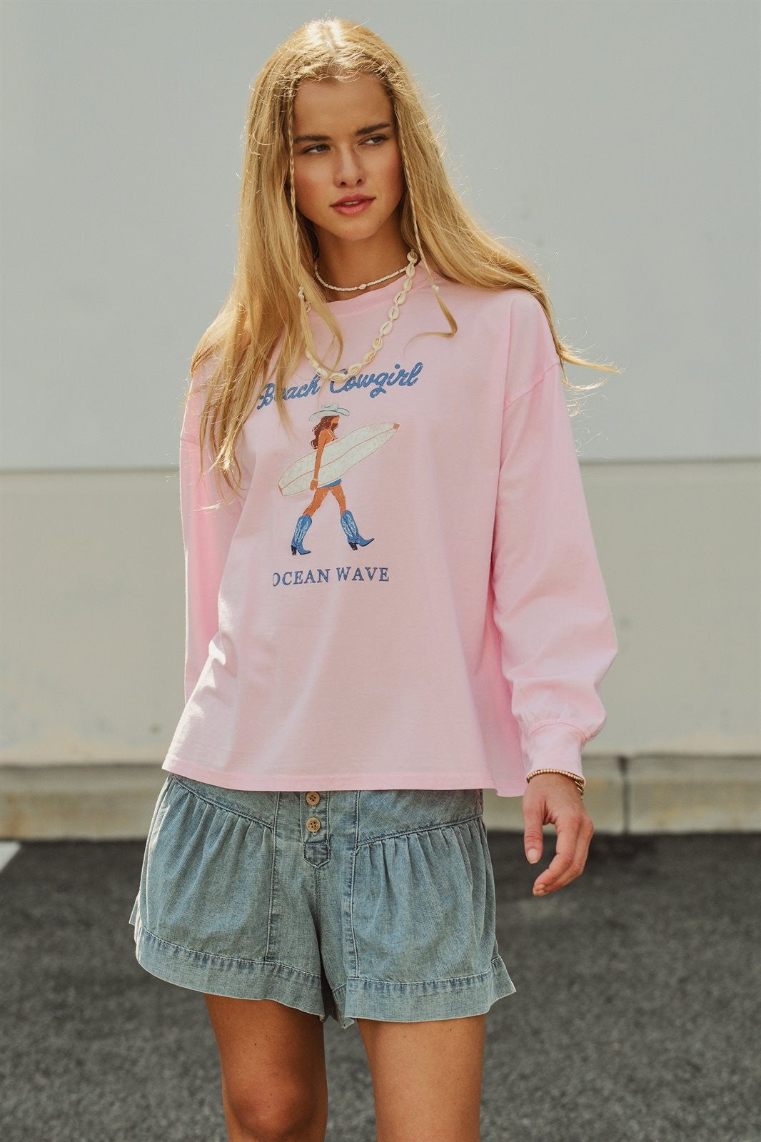 Beach Cowgirl Graphic Long Sleeve Sweatshirt in Lt Pink - Women's Wholesale Fashion | Trend Notes