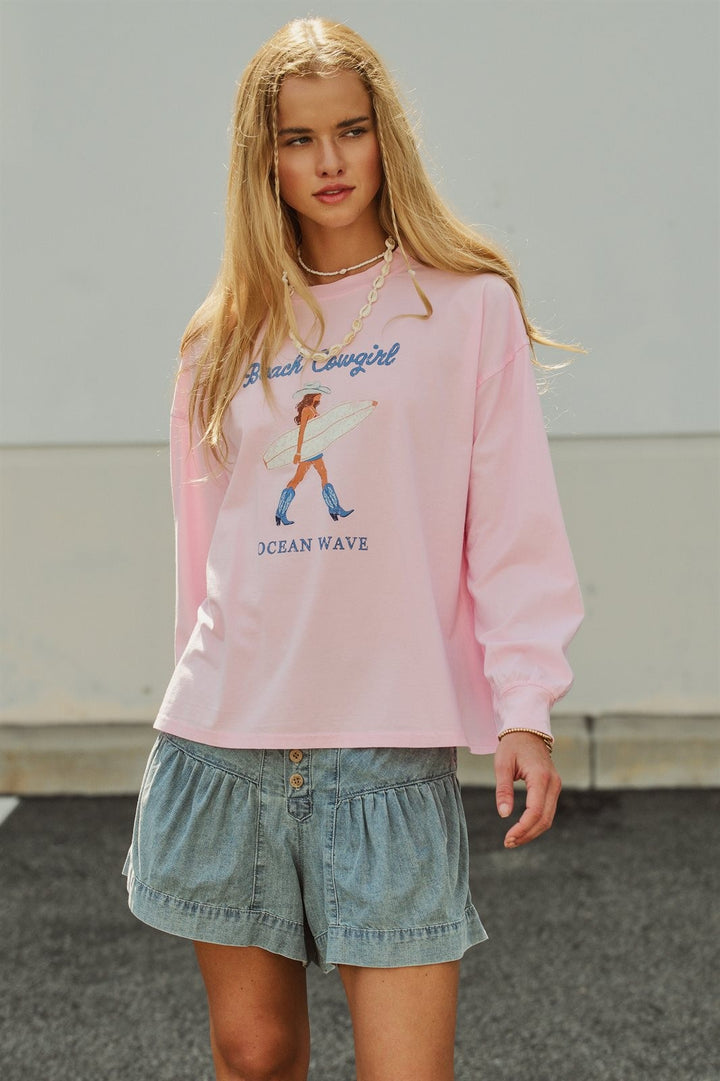 Beach Cowgirl Graphic Long Sleeve Sweatshirt in Lt Pink - Women's Wholesale Fashion | Trend Notes