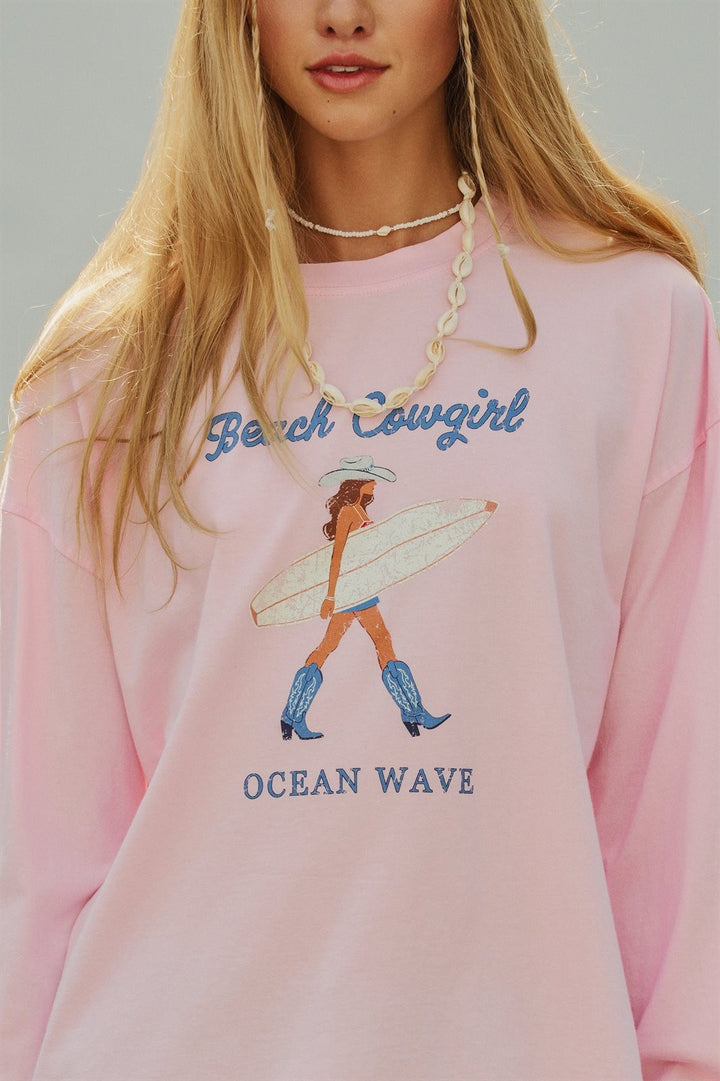 Beach Cowgirl Graphic Long Sleeve Sweatshirt in Lt Pink - Women's Wholesale Fashion | Trend Notes