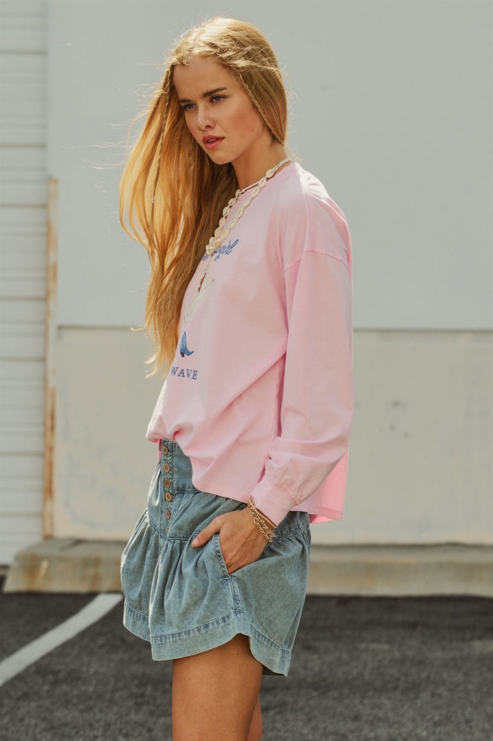 Beach Cowgirl Graphic Long Sleeve Sweatshirt in Lt Pink - Women's Wholesale Fashion | Trend Notes