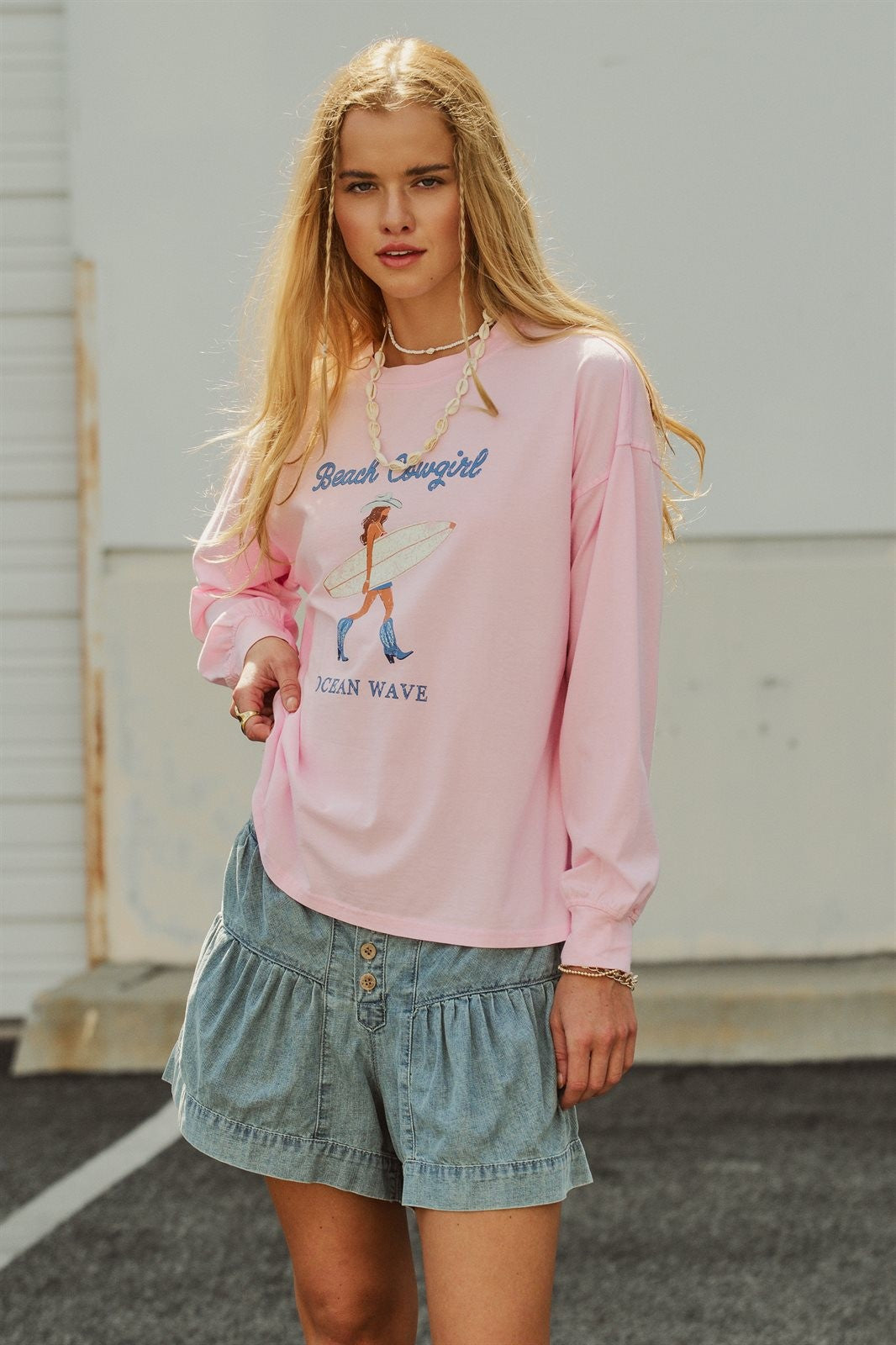 Beach Cowgirl Graphic Long Sleeve Sweatshirt in Lt Pink - Women's Wholesale Fashion | Trend Notes