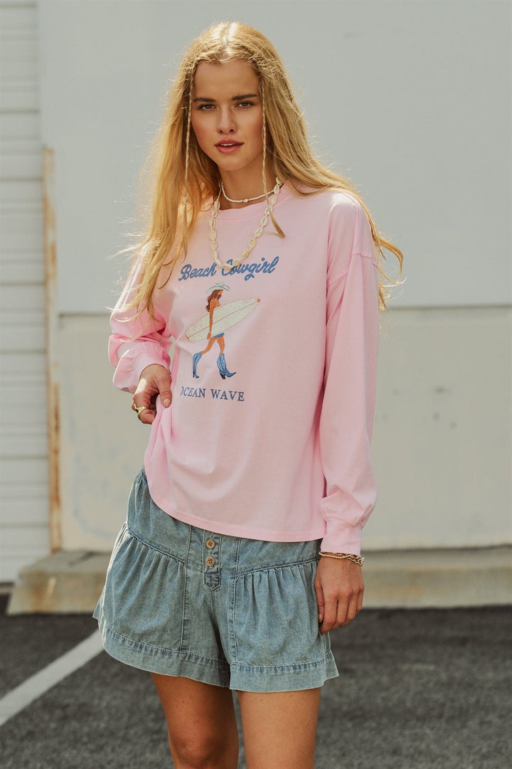 Beach Cowgirl Graphic Long Sleeve Sweatshirt in Lt Pink - Women's Wholesale Fashion | Trend Notes