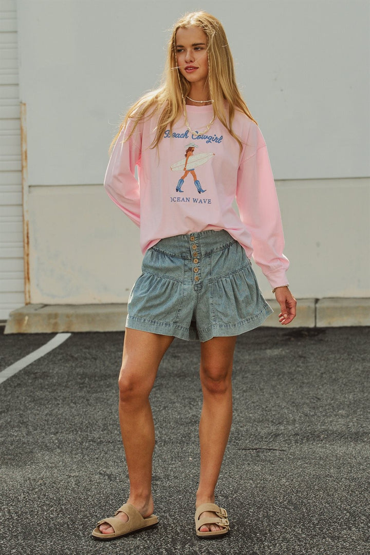 Beach Cowgirl Graphic Long Sleeve Sweatshirt in Lt Pink - Women's Wholesale Fashion | Trend Notes