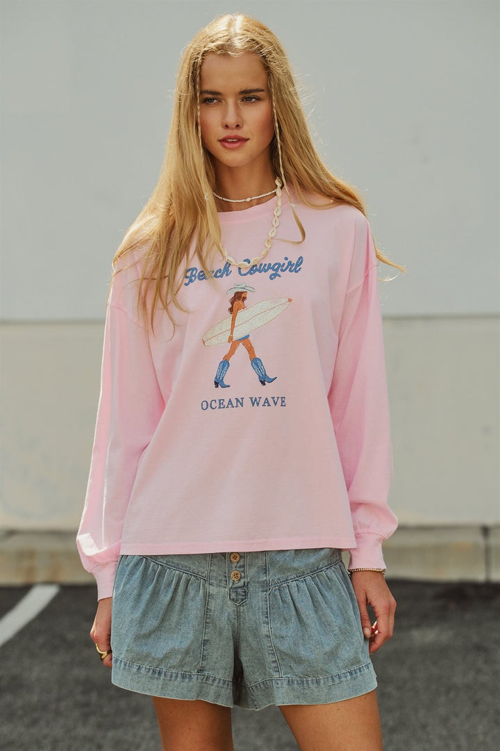 Beach Cowgirl Graphic Long Sleeve Sweatshirt in Lt Pink - Women's Wholesale Fashion | Trend Notes
