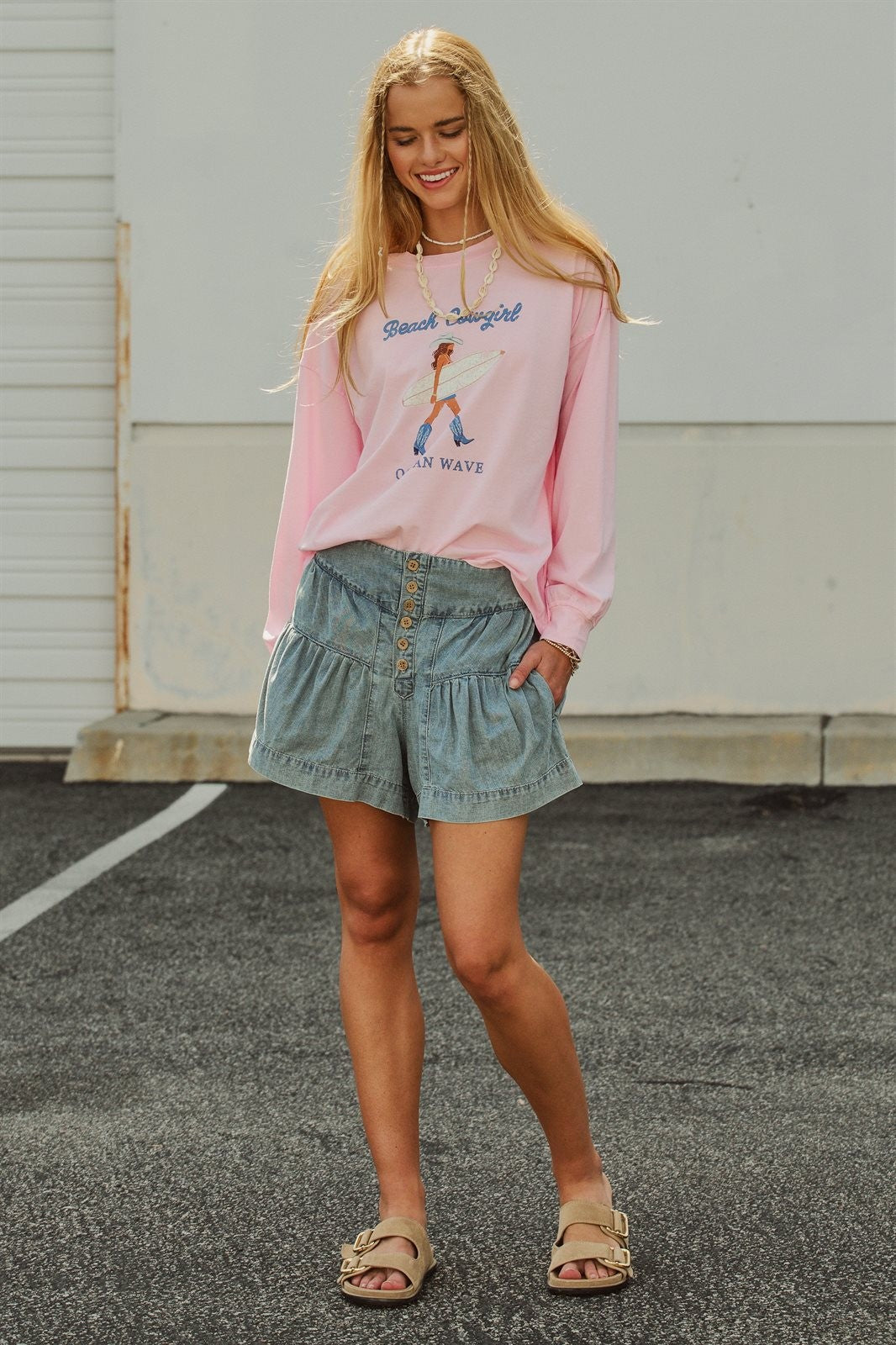 Beach Cowgirl Graphic Long Sleeve Sweatshirt in Lt Pink - Women's Wholesale Fashion | Trend Notes
