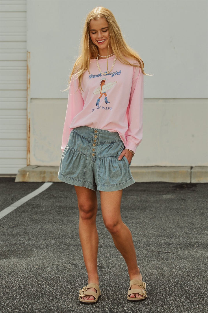 Beach Cowgirl Graphic Long Sleeve Sweatshirt in Lt Pink - Women's Wholesale Fashion | Trend Notes