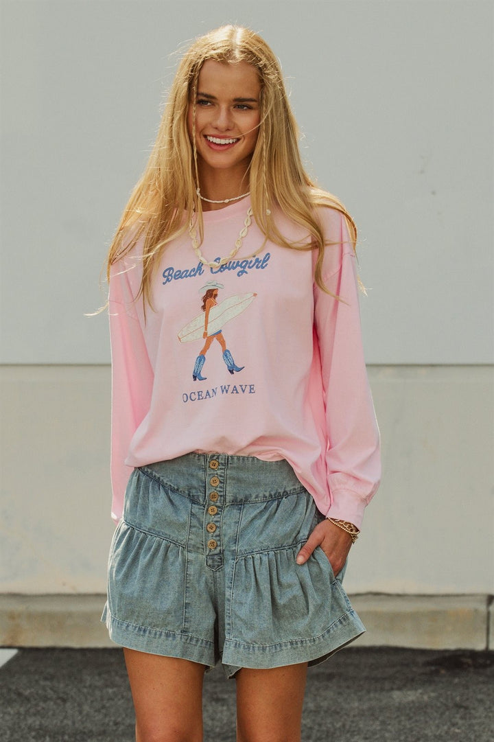 Beach Cowgirl Graphic Long Sleeve Sweatshirt in Lt Pink - Women's Wholesale Fashion | Trend Notes