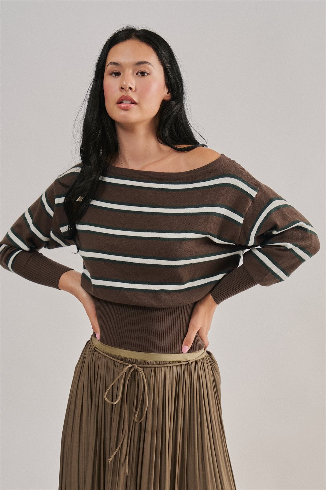 Striped Boat Neck Dolman Sleeve Knit Top in Brown - Women's Wholesale Sweaters | Trend Notes