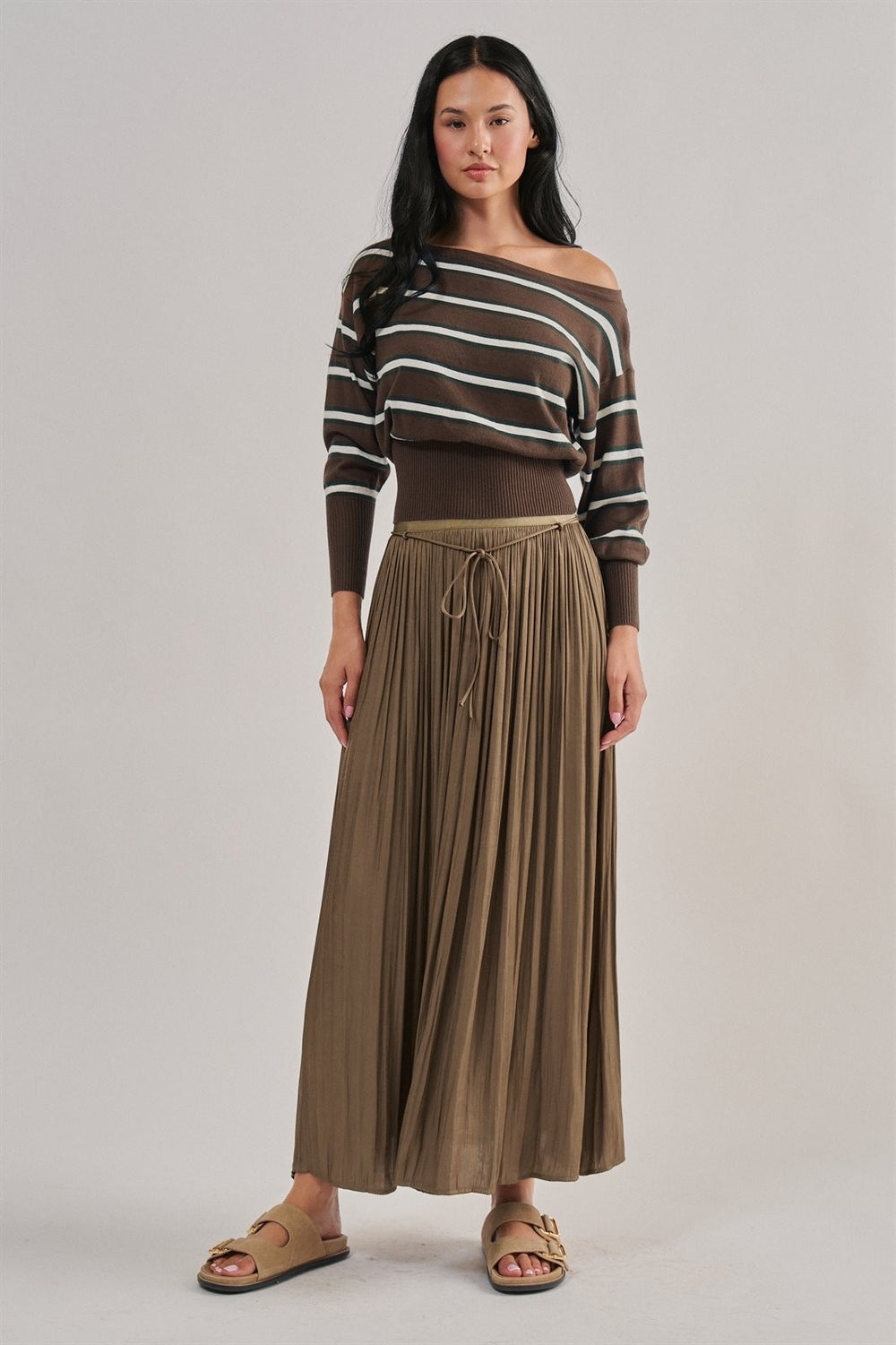 Striped Boat Neck Dolman Sleeve Knit Top in Brown - Women's Wholesale Sweaters | Trend Notes