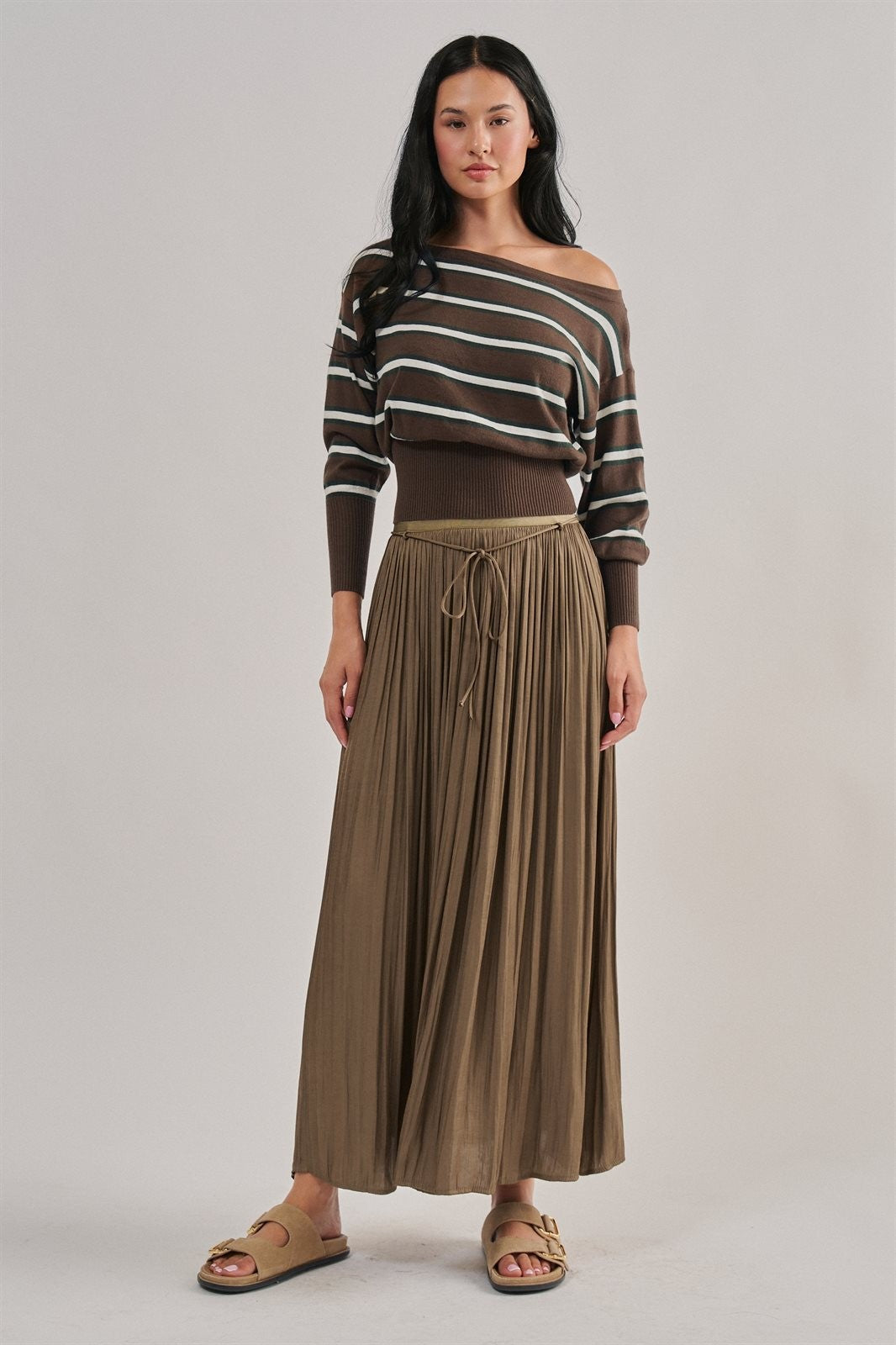 Striped Boat Neck Dolman Sleeve Knit Top in Brown - Women's Wholesale Sweaters | Trend Notes