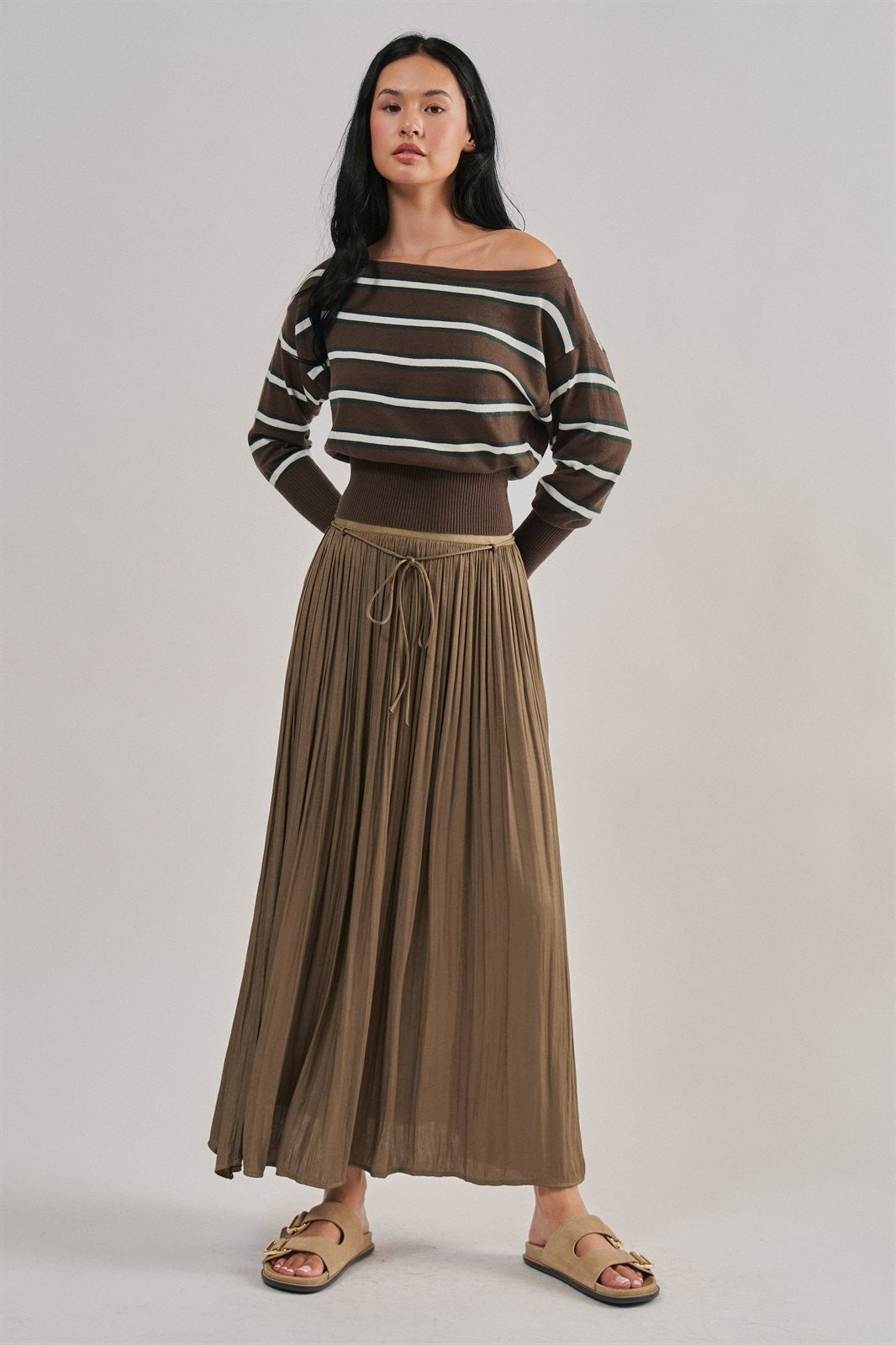 Striped Boat Neck Dolman Sleeve Knit Top in Brown - Women's Wholesale Sweaters | Trend Notes