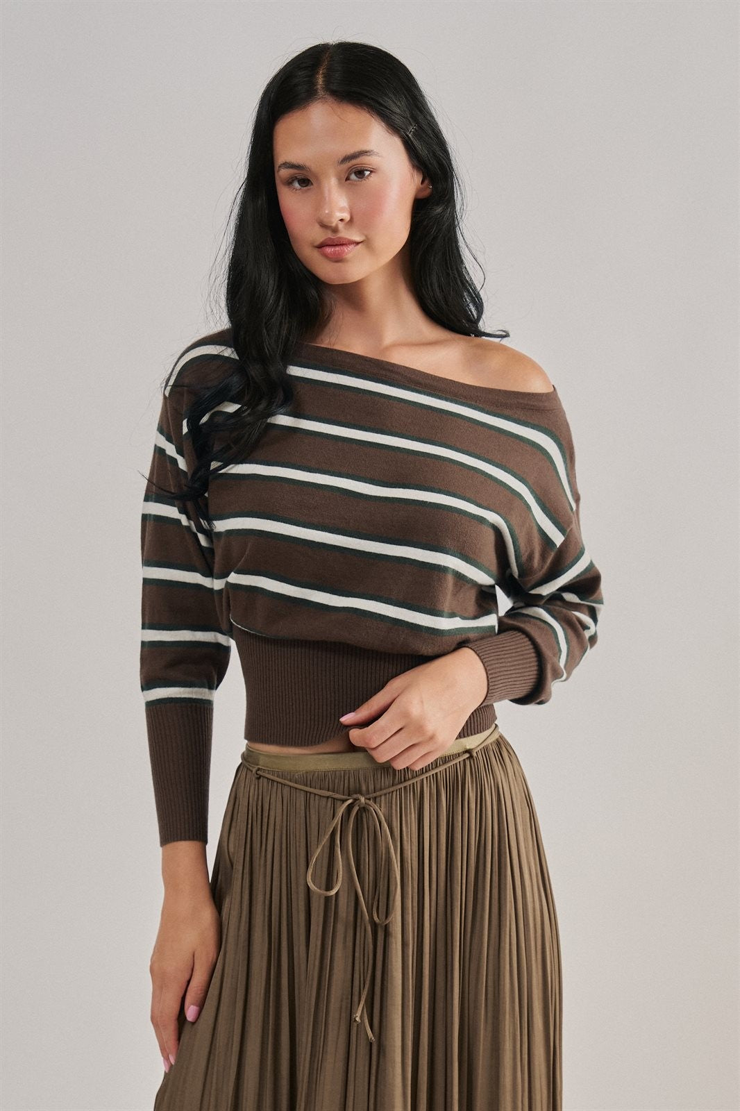 Striped Boat Neck Dolman Sleeve Knit Top in Brown - Women's Wholesale Sweaters | Trend Notes