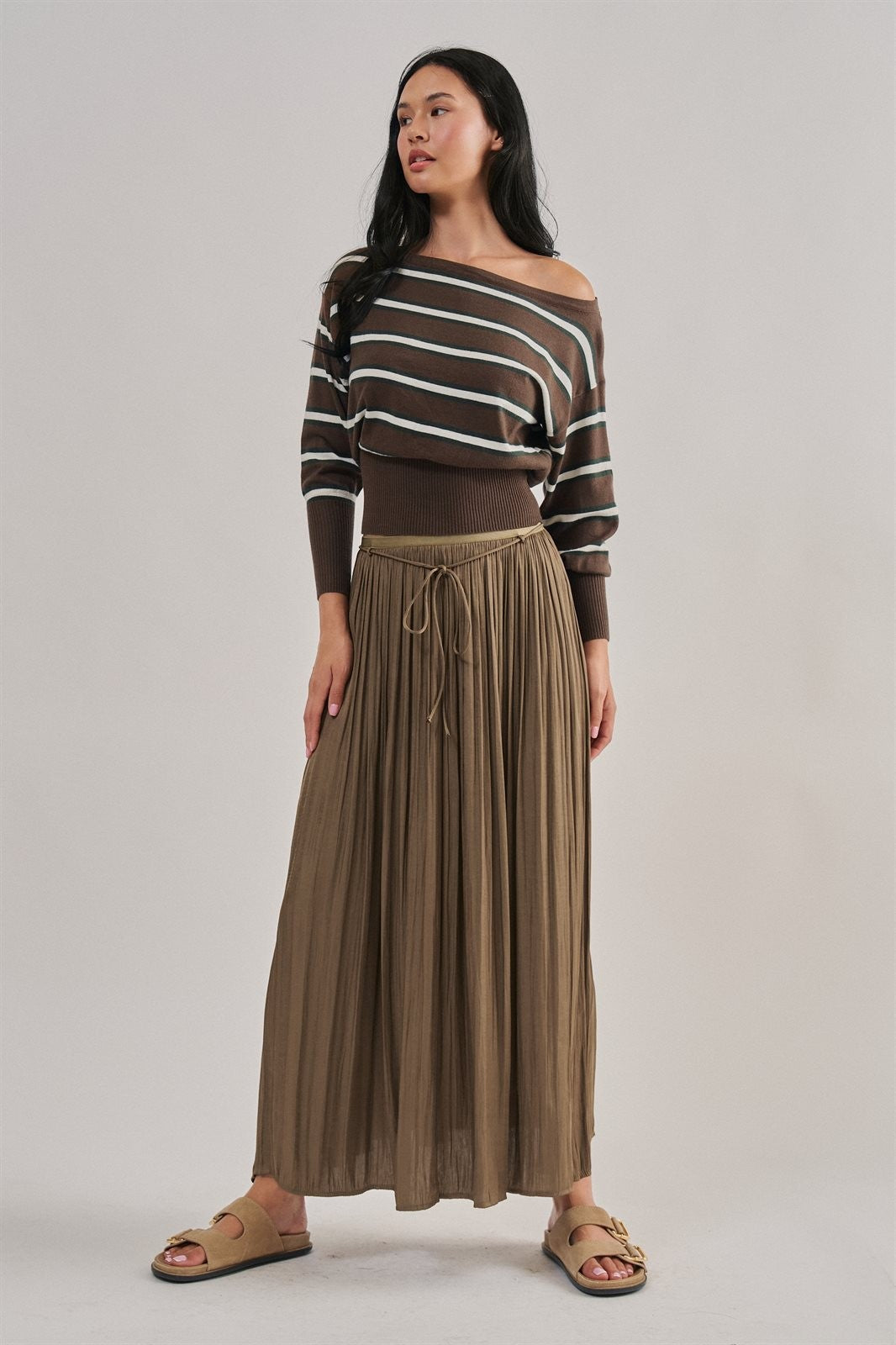 Striped Boat Neck Dolman Sleeve Knit Top in Brown - Women's Wholesale Sweaters | Trend Notes