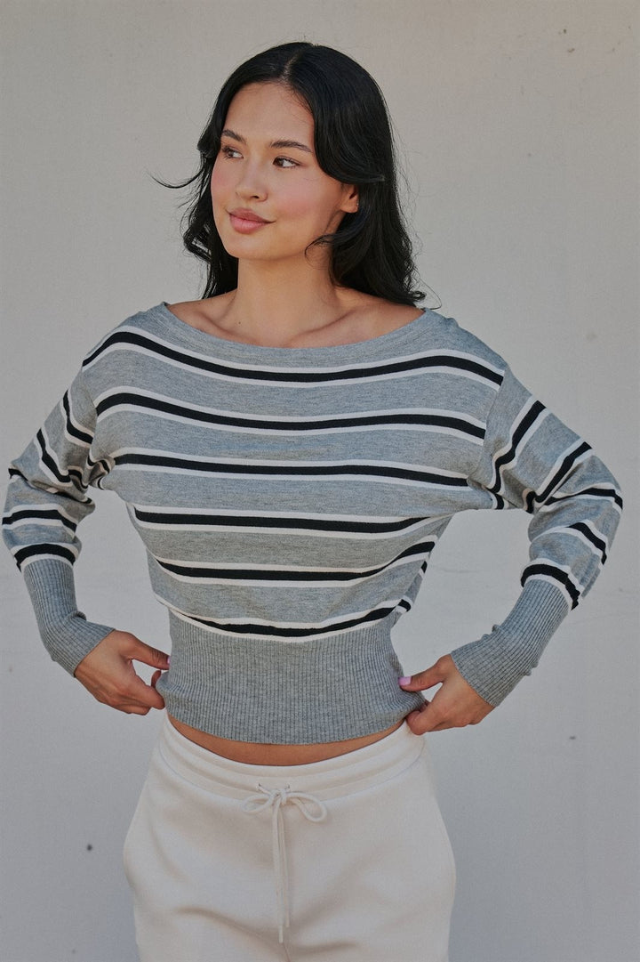 Striped Boat Neck Dolman Sleeve Knit Top in Grey - Women's Wholesale Sweaters | Trend Notes