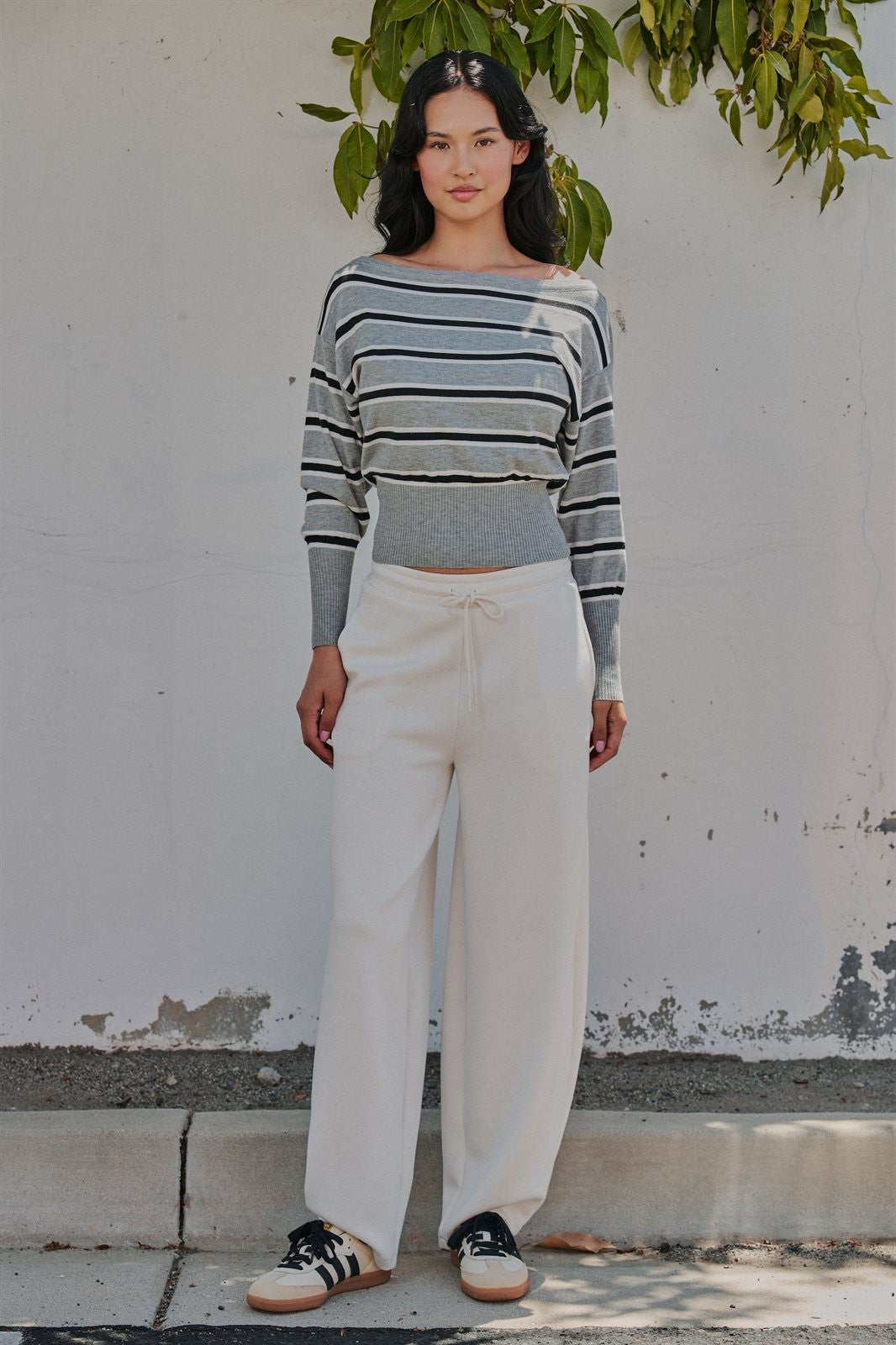 Striped Boat Neck Dolman Sleeve Knit Top in Grey - Women's Wholesale Sweaters | Trend Notes