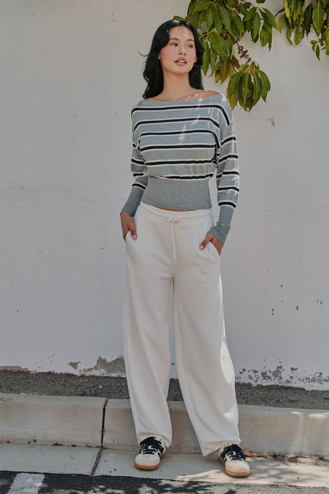 Striped Boat Neck Dolman Sleeve Knit Top in Grey - Women's Wholesale Sweaters | Trend Notes