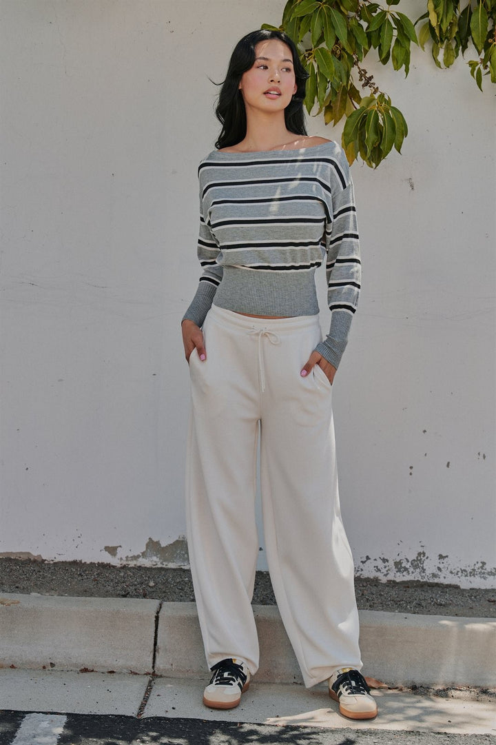 Striped Boat Neck Dolman Sleeve Knit Top in Grey - Women's Wholesale Sweaters | Trend Notes