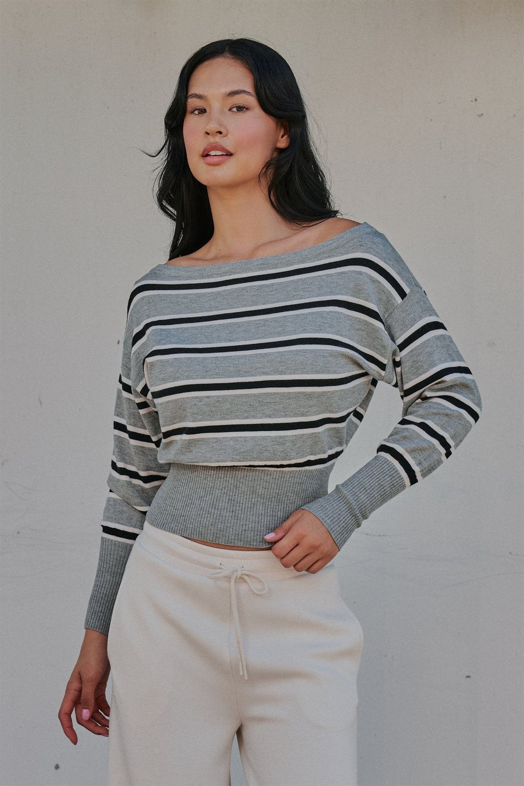 Striped Boat Neck Dolman Sleeve Knit Top in Grey - Women's Wholesale Sweaters | Trend Notes