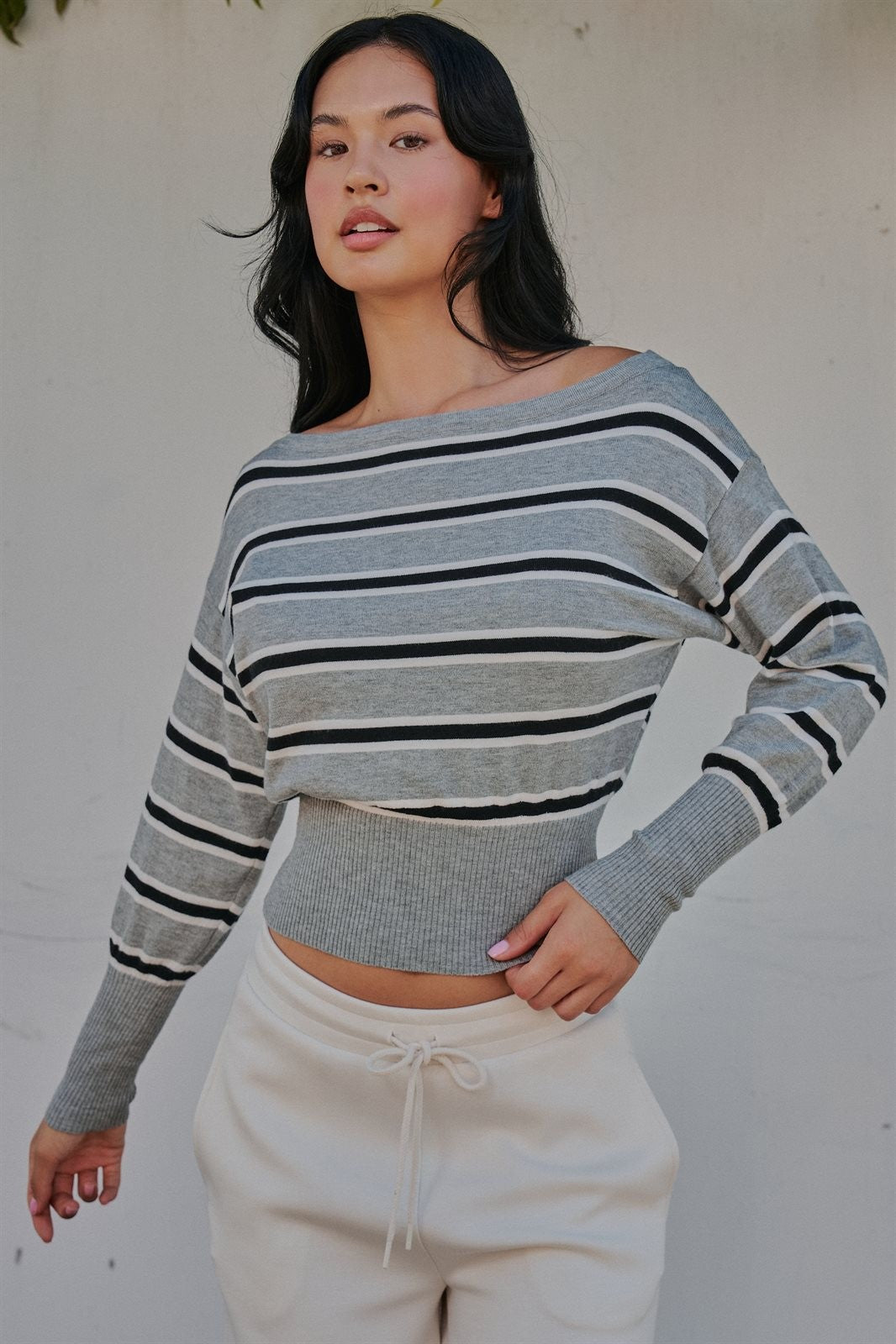 Striped Boat Neck Dolman Sleeve Knit Top in Grey - Women's Wholesale Sweaters | Trend Notes