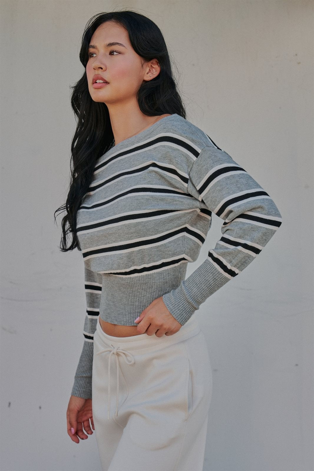 Striped Boat Neck Dolman Sleeve Knit Top in Grey - Women's Wholesale Sweaters | Trend Notes