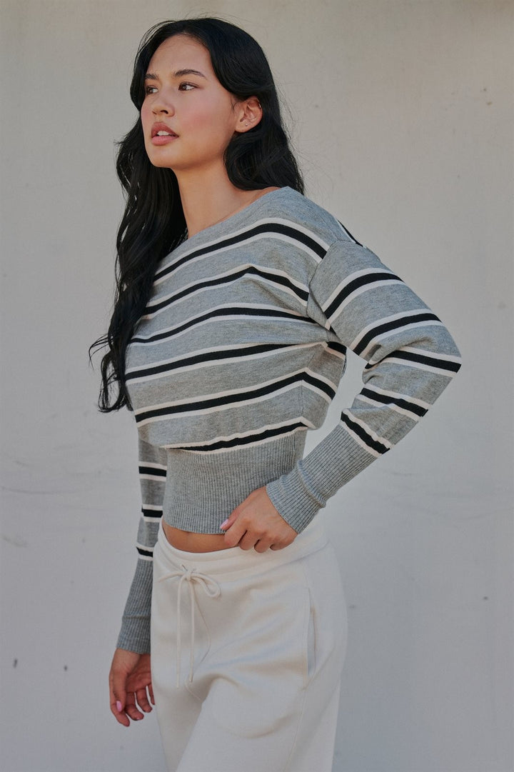 Striped Boat Neck Dolman Sleeve Knit Top in Grey - Women's Wholesale Sweaters | Trend Notes