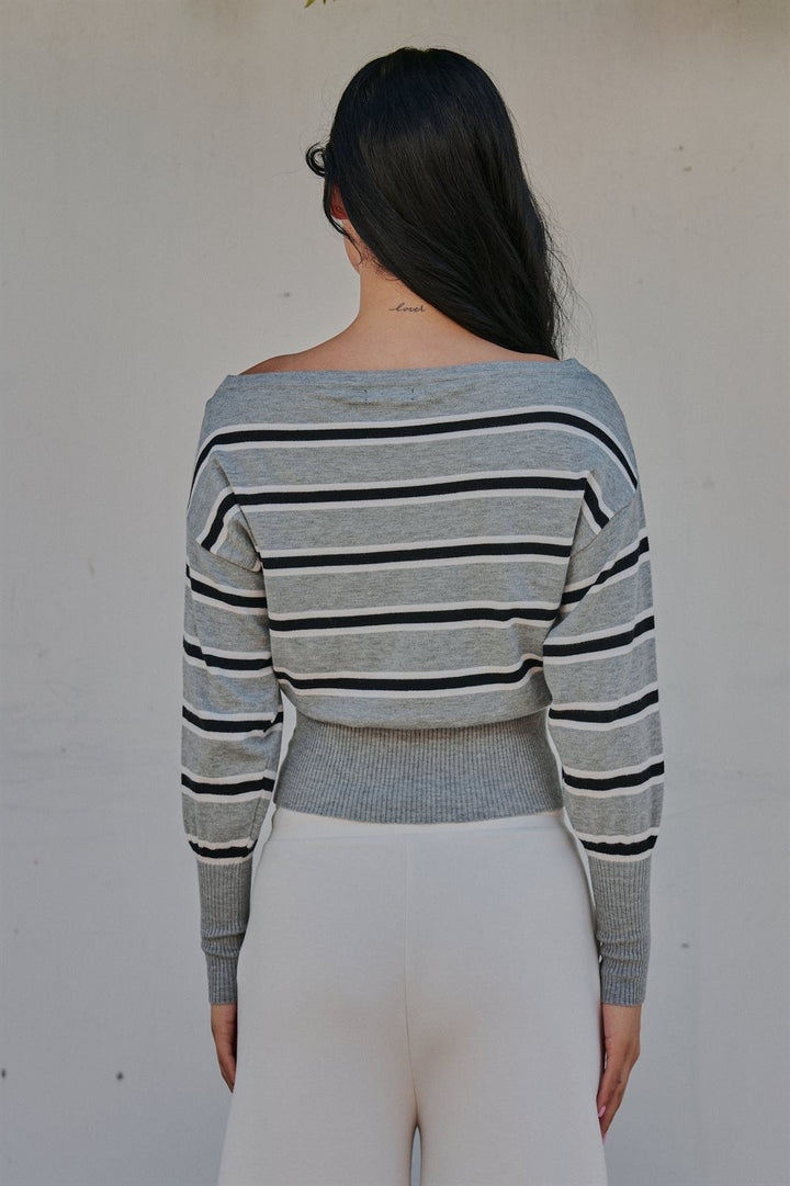 Striped Boat Neck Dolman Sleeve Knit Top in Grey - Women's Wholesale Sweaters | Trend Notes