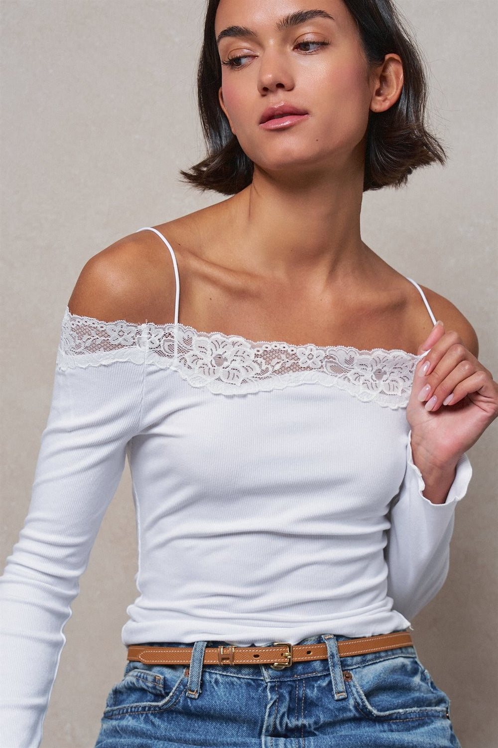Ribbed Lace Trim Off-Shoulder Long Sleeve Knit Top in White - Women's Wholesale T-Shirts & Polos | Trend Notes