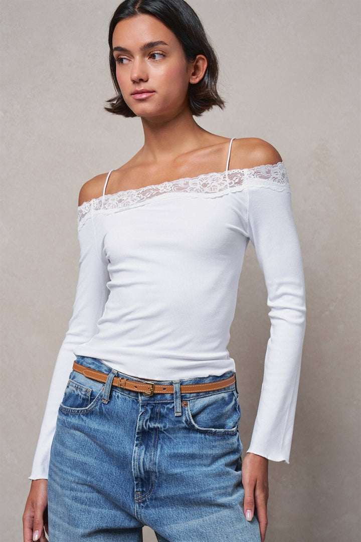 Ribbed Lace Trim Off-Shoulder Long Sleeve Knit Top in White - Women's Wholesale T-Shirts & Polos | Trend Notes