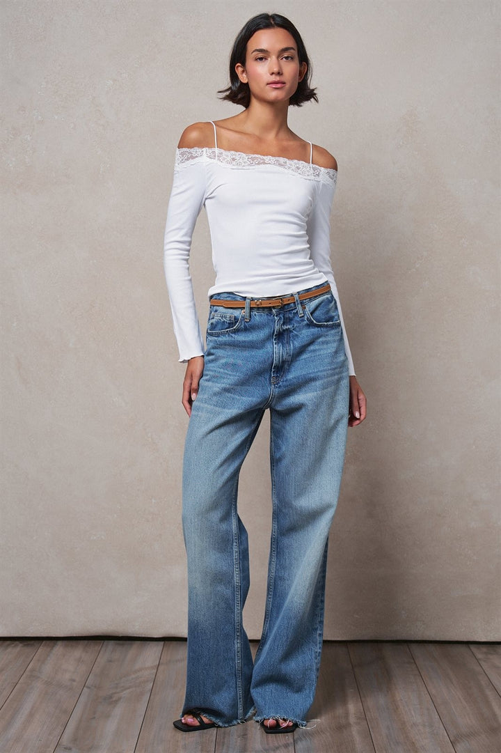 Ribbed Lace Trim Off-Shoulder Long Sleeve Knit Top in White - Women's Wholesale T-Shirts & Polos | Trend Notes