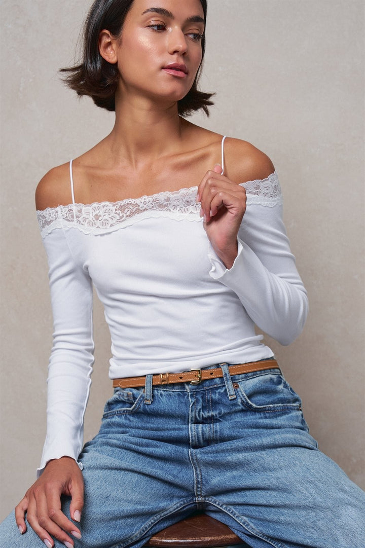 Ribbed Lace Trim Off-Shoulder Long Sleeve Knit Top in White - Women's Wholesale T-Shirts & Polos | Trend Notes