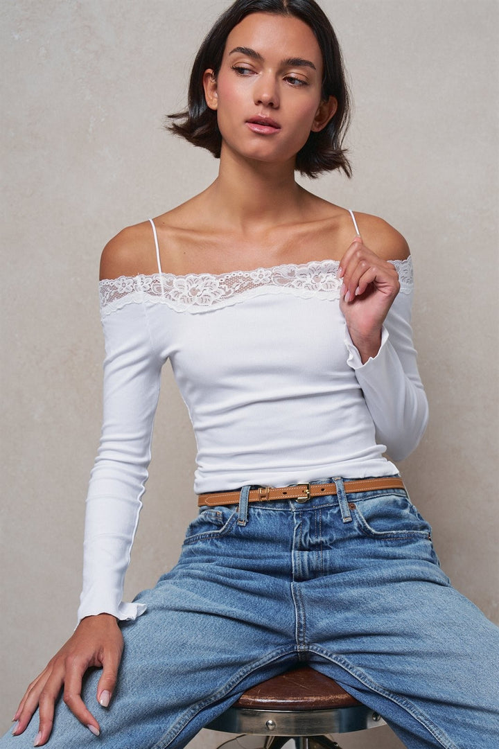 Ribbed Lace Trim Off-Shoulder Long Sleeve Knit Top in White - Women's Wholesale T-Shirts & Polos | Trend Notes
