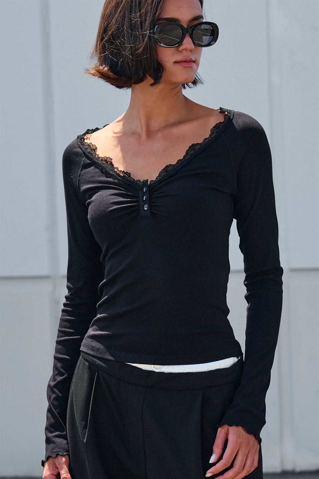 Lace Trim Ribbed Henley Top in Burgundy in Black - Women's Wholesale T-Shirts & Polos | Trend Notes