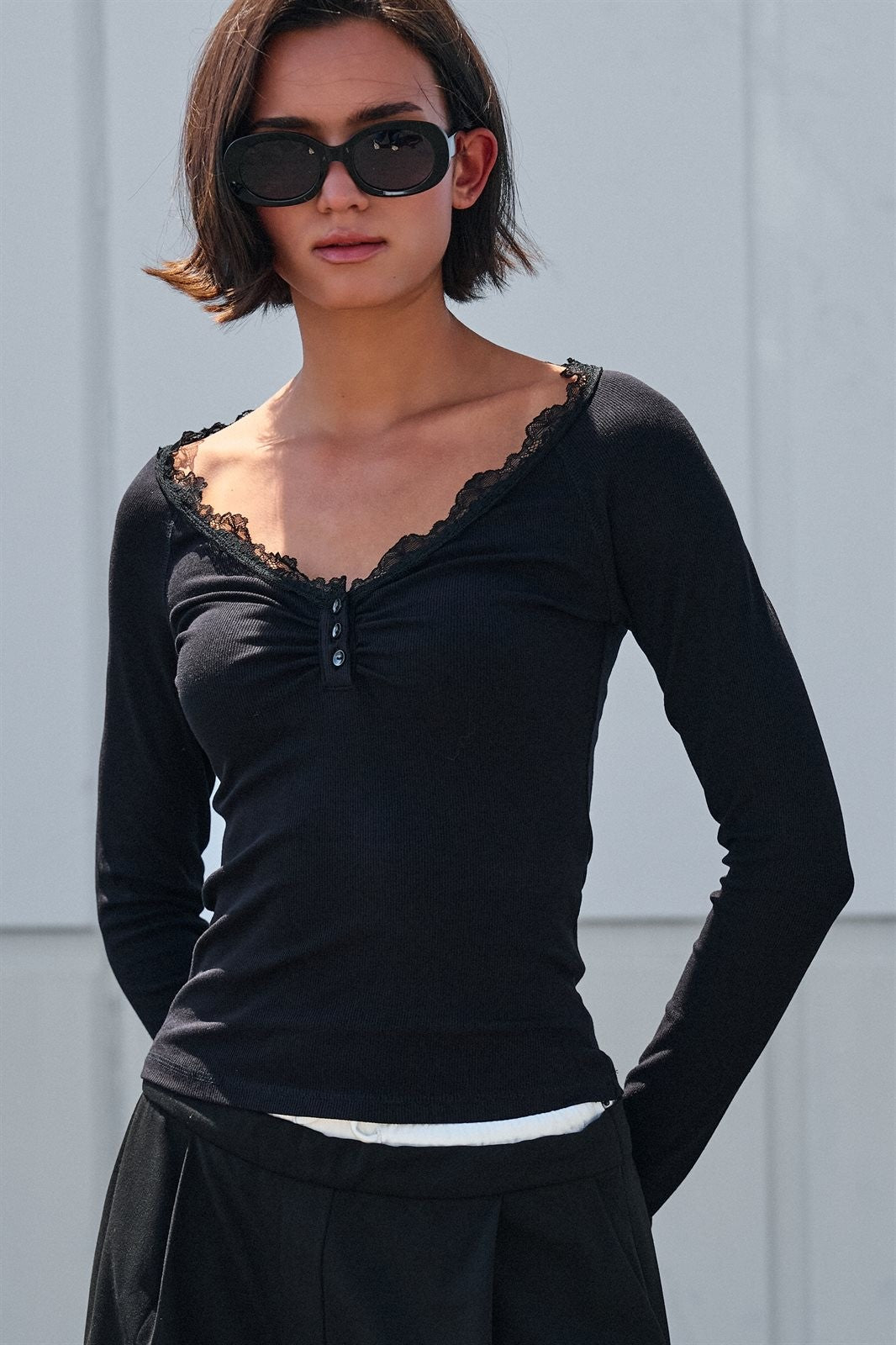 Lace Trim Ribbed Henley Top in Burgundy in Black - Women's Wholesale T-Shirts & Polos | Trend Notes
